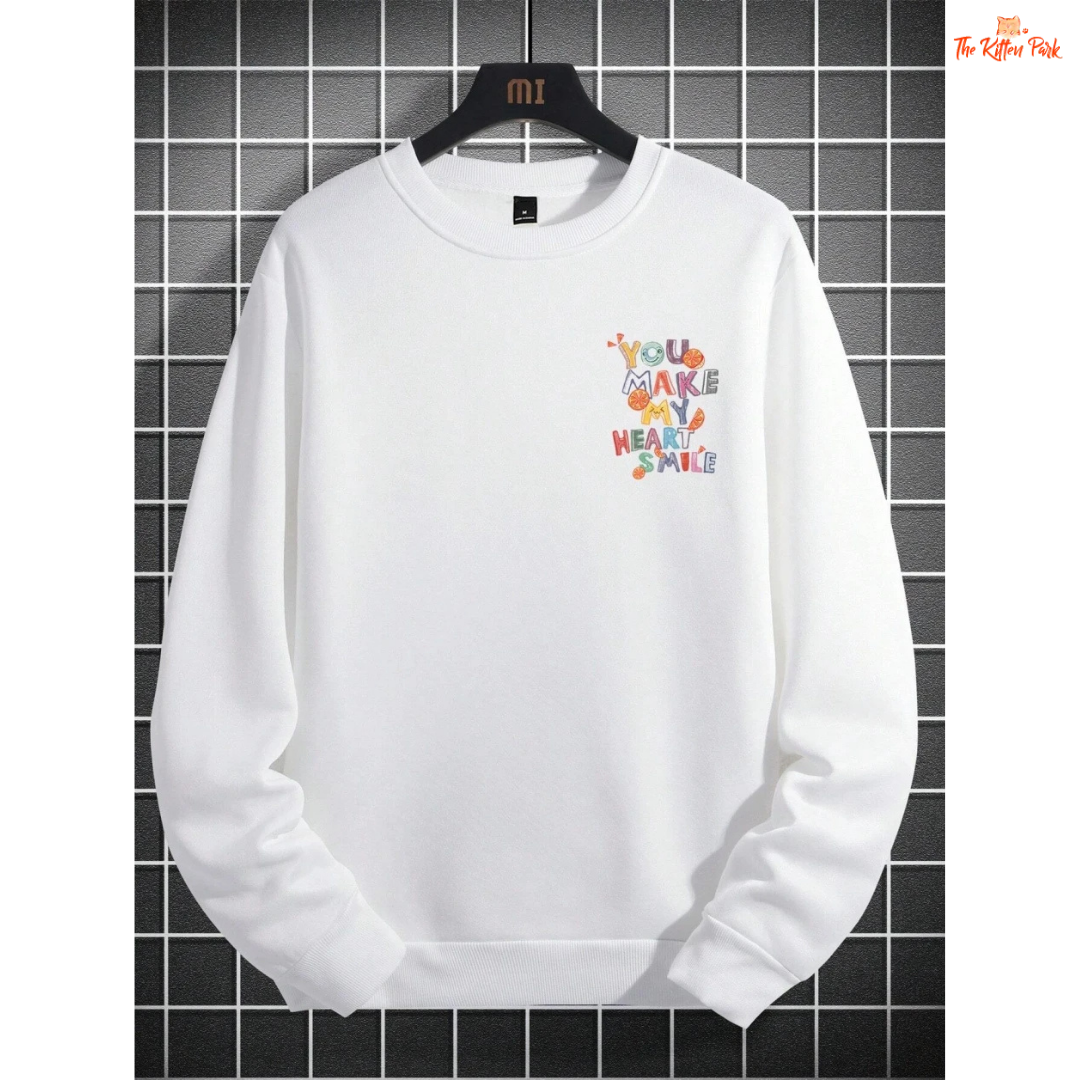 A women’s cozy fleece pullover sweatshirt in off-white with the printed phrase "You Make My Heart Smile," featuring a loose fit and O-neck design.