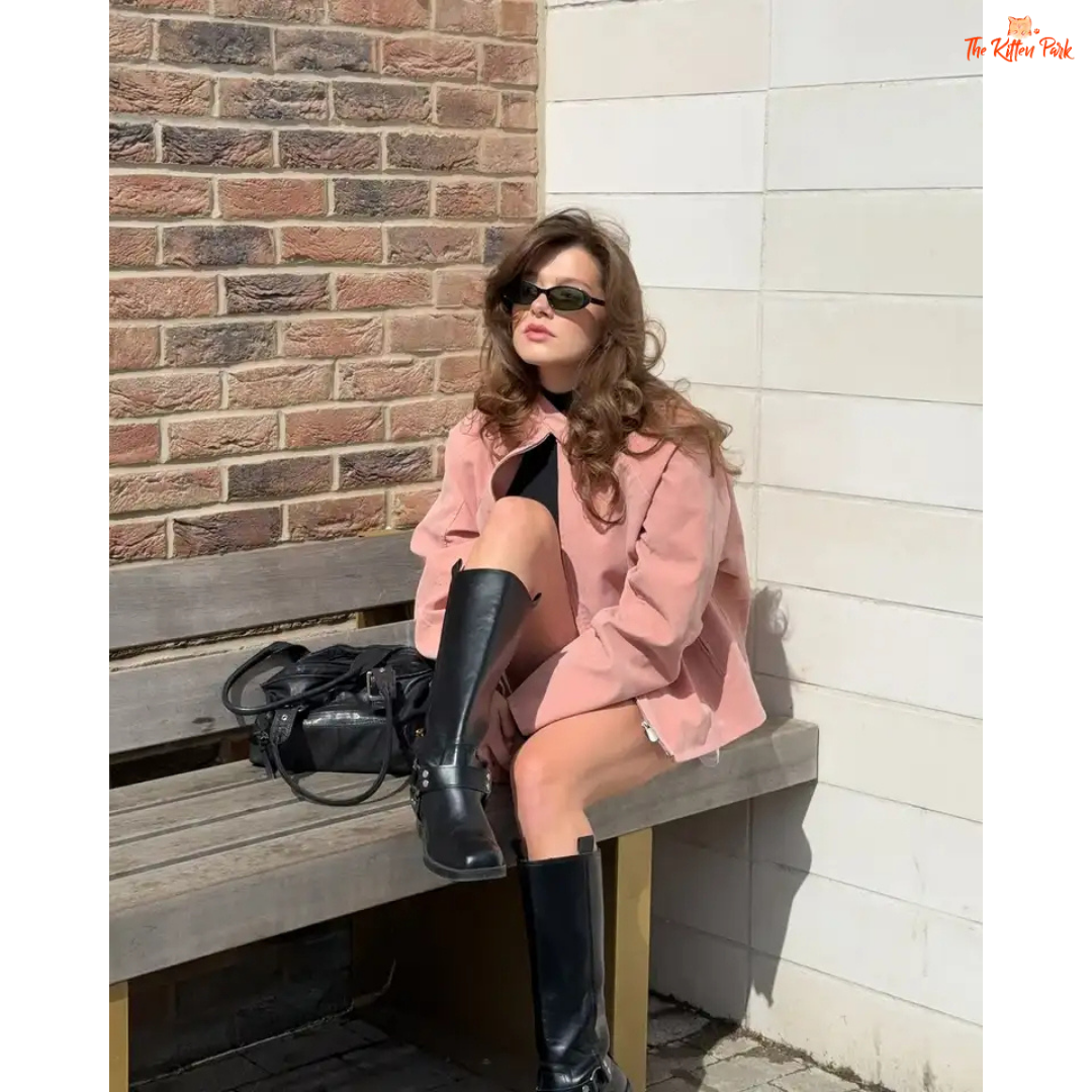 Women's pink suede coat with zipper closure and pockets, elegant long sleeve high street fashion jacket for autumn and winter.