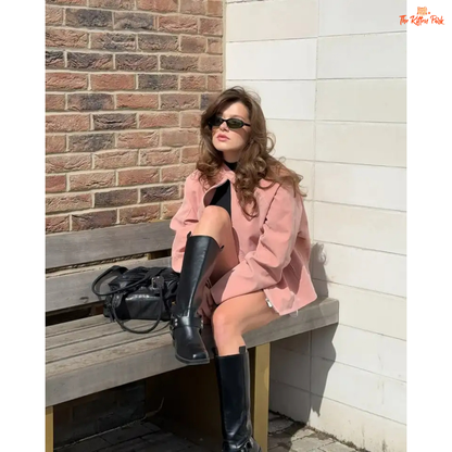 Women's pink suede coat with zipper closure and pockets, elegant long sleeve high street fashion jacket for autumn and winter.