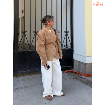 Light brown suede one-button jacket for women, featuring an elegant lapel, full sleeves, and a loose fit — perfect for autumn chic looks.