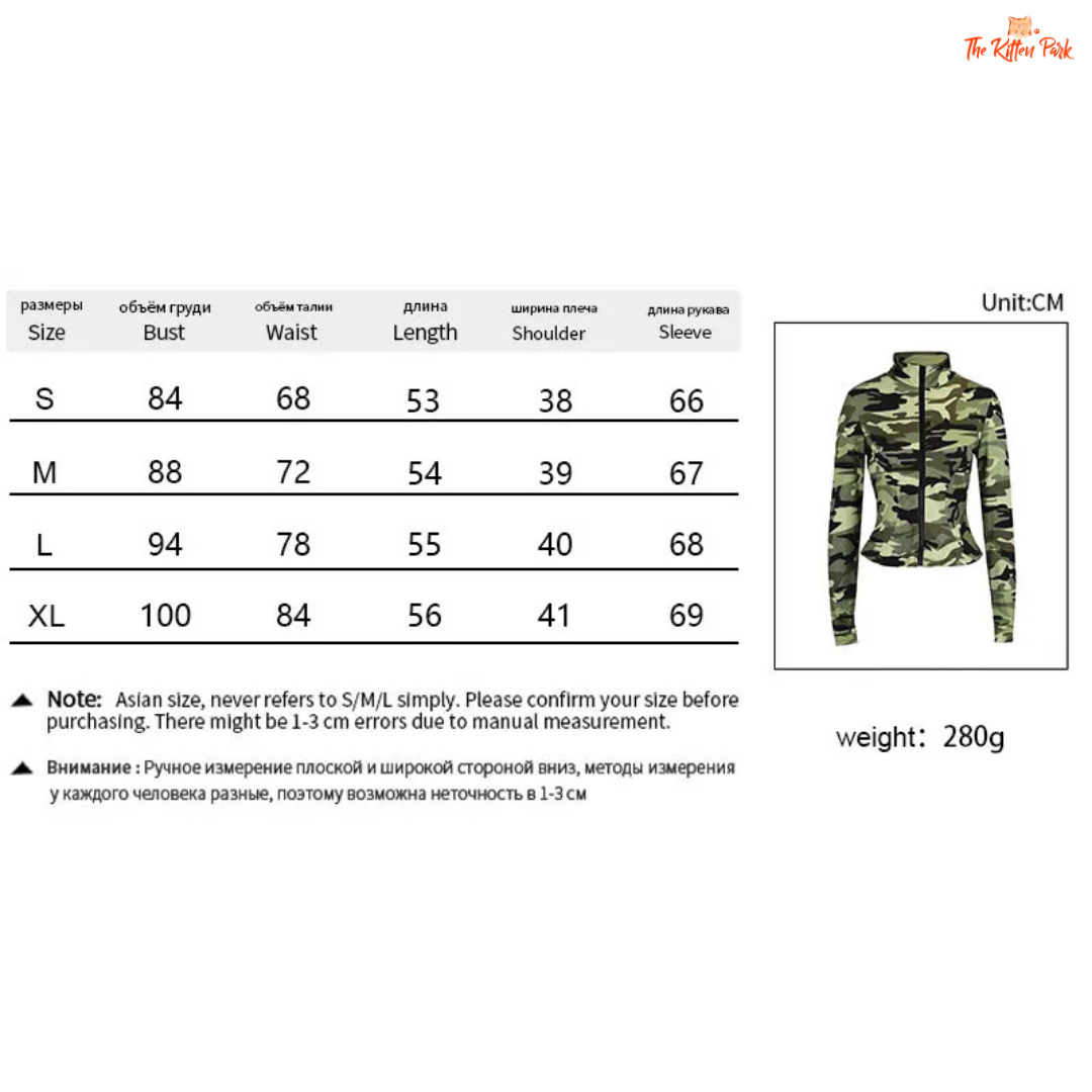 Camouflage jacket with size chart and weight information on a white background