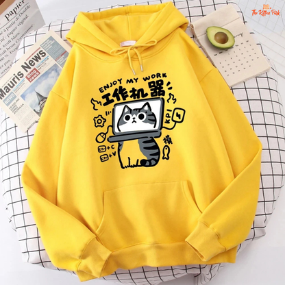 Cartoon Cat Sweatshirt – Abstract Graphic Pullover Polo Style Top with fleece fabric, hooded collar, and playful spring-autumn design.