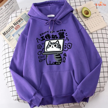 Cartoon Cat Sweatshirt – Abstract Graphic Pullover Polo Style Top with fleece fabric, hooded collar, and playful spring-autumn design.