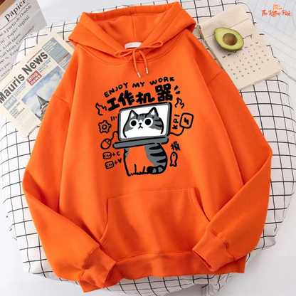 Cartoon Cat Sweatshirt – Abstract Graphic Pullover Polo Style Top with fleece fabric, hooded collar, and playful spring-autumn design.