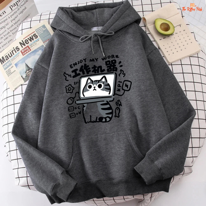 Cartoon Cat Sweatshirt – Abstract Graphic Pullover Polo Style Top with fleece fabric, hooded collar, and playful spring-autumn design.