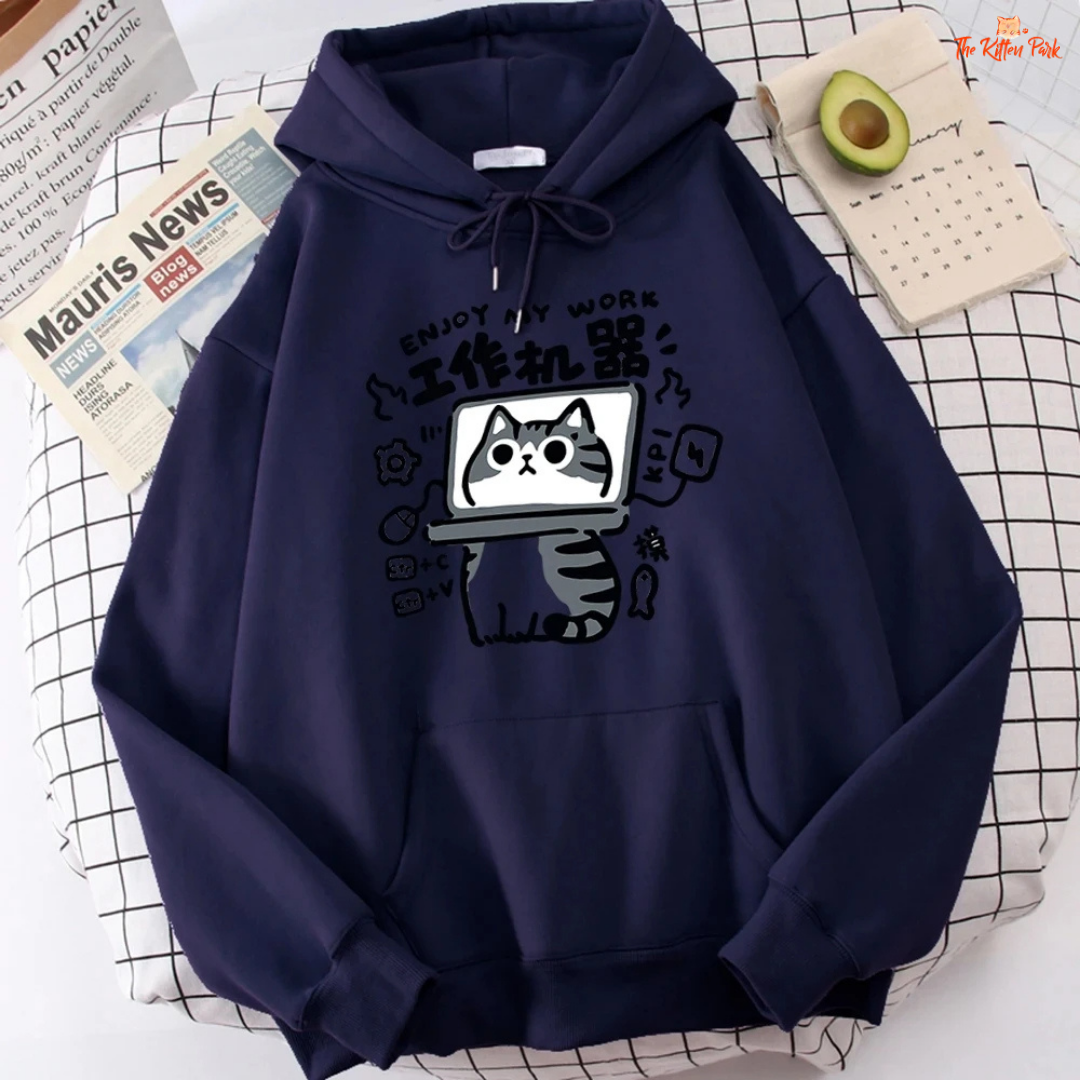 Cartoon Cat Sweatshirt – Abstract Graphic Pullover Polo Style Top with fleece fabric, hooded collar, and playful spring-autumn design.