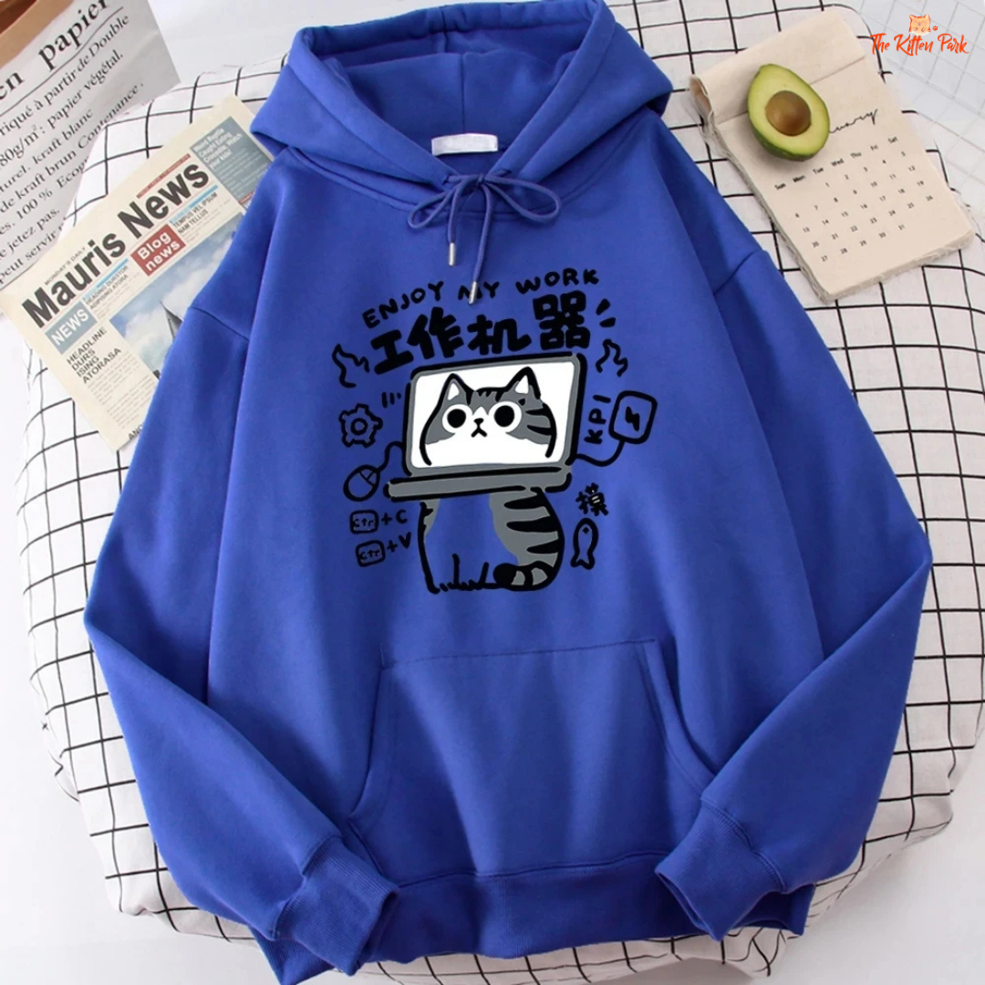 Cartoon Cat Sweatshirt – Abstract Graphic Pullover Polo Style Top with fleece fabric, hooded collar, and playful spring-autumn design.