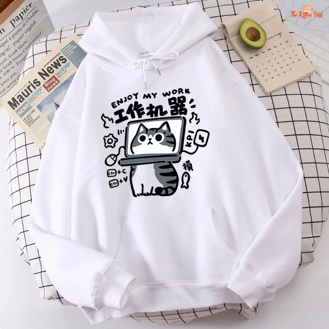 Cartoon Cat Sweatshirt – Abstract Graphic Pullover Polo Style Top with fleece fabric, hooded collar, and playful spring-autumn design.