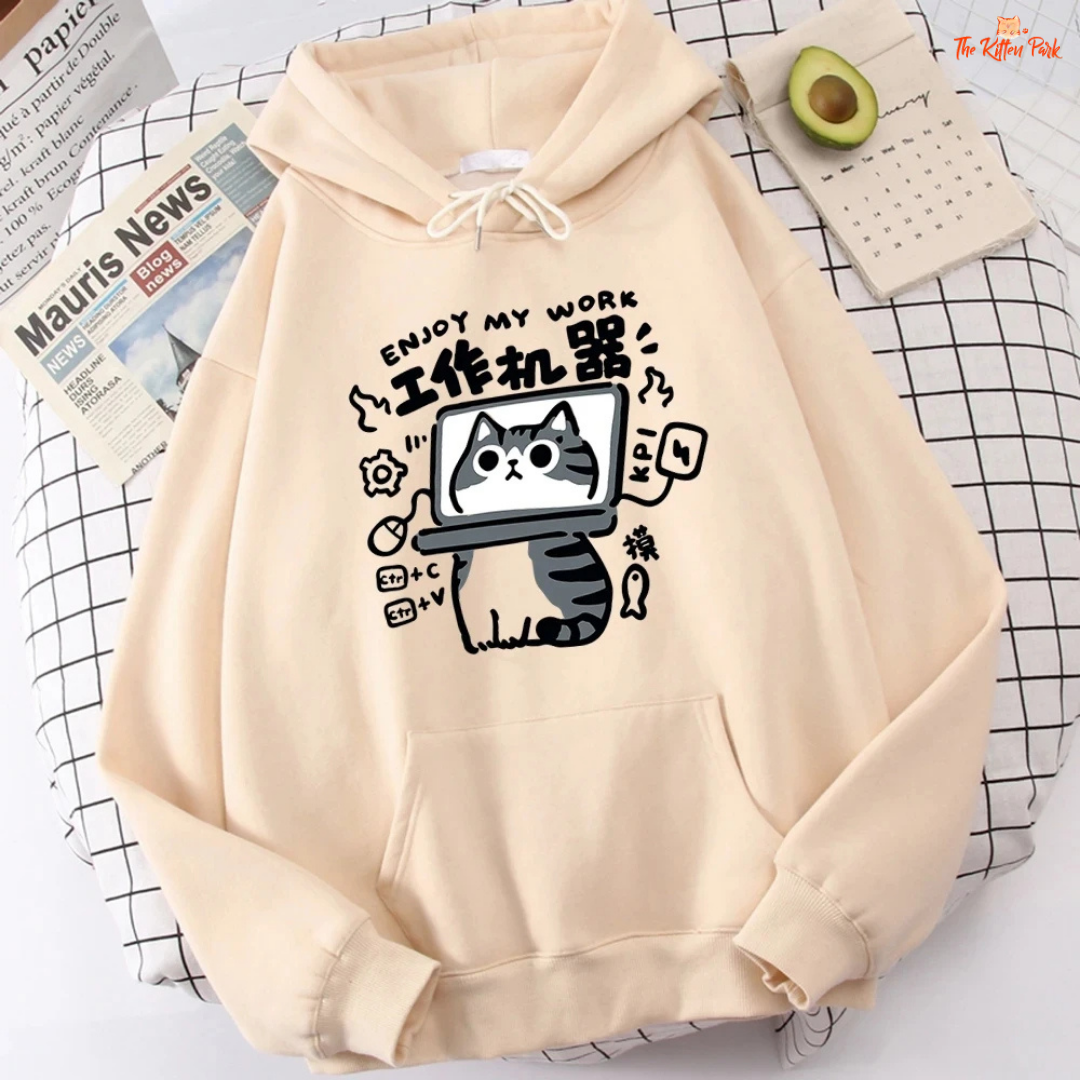 Cartoon Cat Sweatshirt – Abstract Graphic Pullover Polo Style Top with fleece fabric, hooded collar, and playful spring-autumn design.