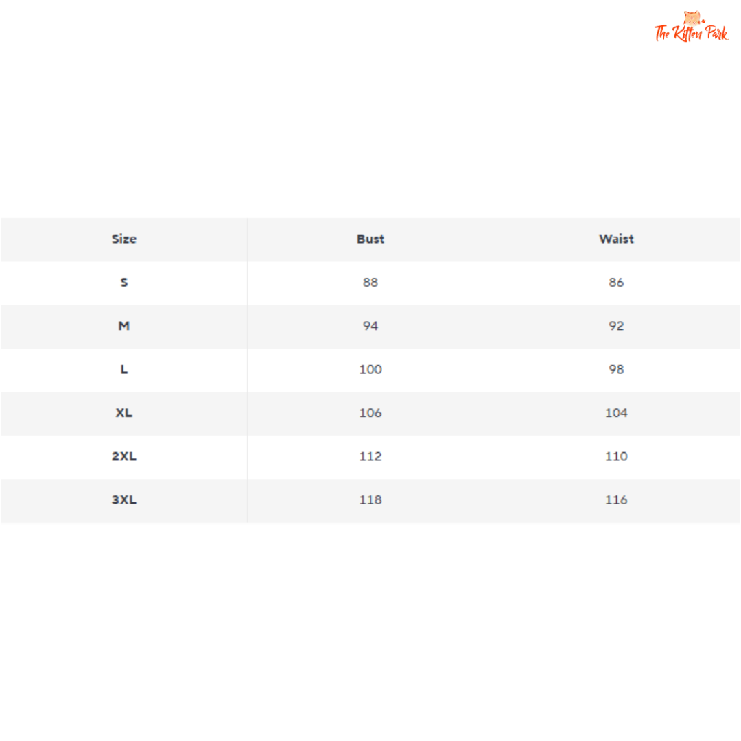 Size chart for clothing with bust and waist measurements in centimeters, branded 'The Ruffle Patch'.