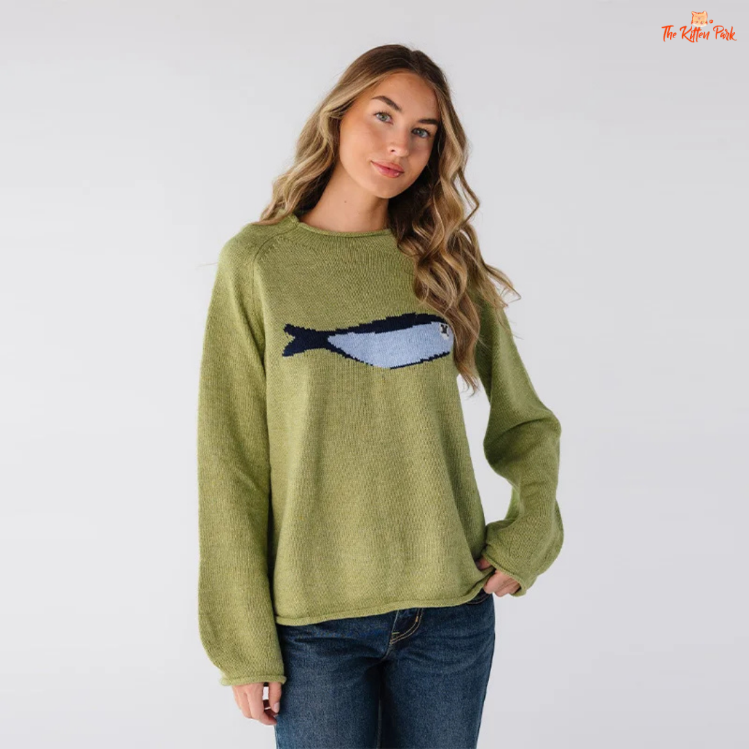 Cartoon Fish Knit Sweater for women, striped loose-fit pullover with O-neck, casual design, polyester material, perfect for Autumn/Winter wear.