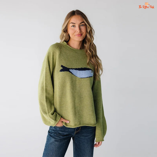 Cartoon Fish Knit Sweater for women, striped loose-fit pullover with O-neck, casual design, polyester material, perfect for Autumn/Winter wear.