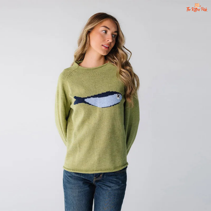 Cartoon Fish Knit Sweater for women, striped loose-fit pullover with O-neck, casual design, polyester material, perfect for Autumn/Winter wear.
