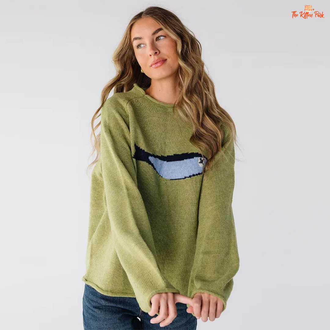 Cartoon Fish Knit Sweater for women, striped loose-fit pullover with O-neck, casual design, polyester material, perfect for Autumn/Winter wear.