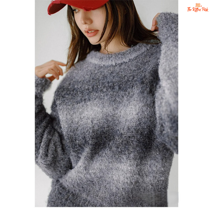 Casual Gradient Rainbow Knit Sweater Women Round Neck Pullover Autumn Winter with rainbow tones, loose fit, and cozy knit design.