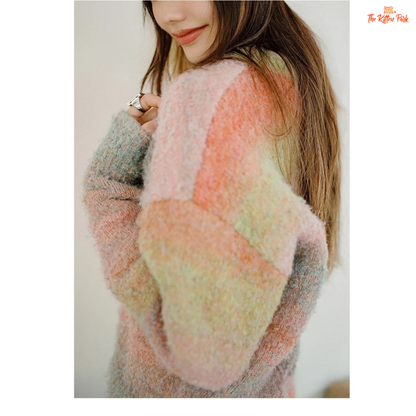 Casual Gradient Rainbow Knit Sweater Women Round Neck Pullover Autumn Winter with rainbow tones, loose fit, and cozy knit design.