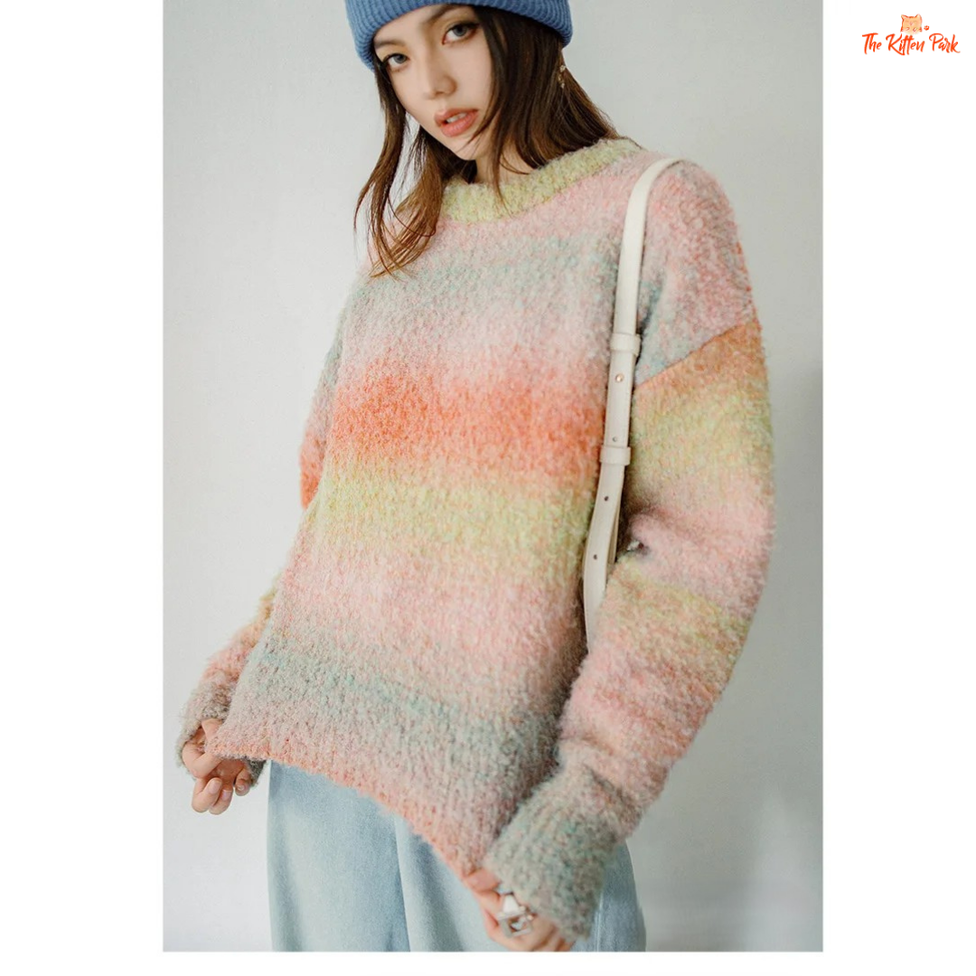 Casual Gradient Rainbow Knit Sweater Women Round Neck Pullover Autumn Winter with rainbow tones, loose fit, and cozy knit design.