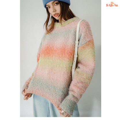 Casual Gradient Rainbow Knit Sweater Women Round Neck Pullover Autumn Winter with rainbow tones, loose fit, and cozy knit design.