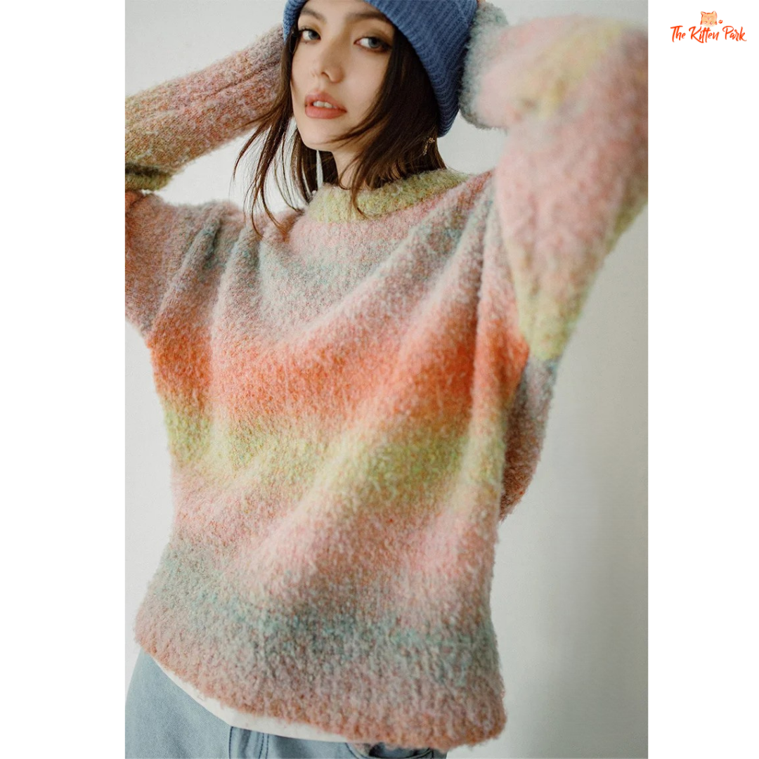 Casual Gradient Rainbow Knit Sweater Women Round Neck Pullover Autumn Winter with rainbow tones, loose fit, and cozy knit design.