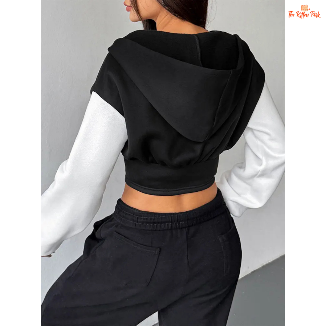 Casual Slim Streetwear Zipper Sports Coat for Women featuring a patchwork pattern, wool liner, hooded zip-up design, and cozy autumn streetwear style.