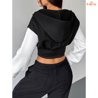 Casual Slim Streetwear Zipper Sports Coat for Women featuring a patchwork pattern, wool liner, hooded zip-up design, and cozy autumn streetwear style.