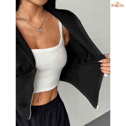 Casual Slim Streetwear Zipper Sports Coat for Women featuring a patchwork pattern, wool liner, hooded zip-up design, and cozy autumn streetwear style.