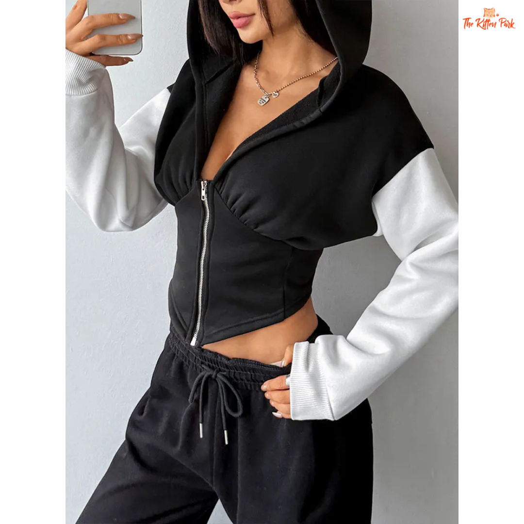 Casual Slim Streetwear Zipper Sports Coat for Women featuring a patchwork pattern, wool liner, hooded zip-up design, and cozy autumn streetwear style.