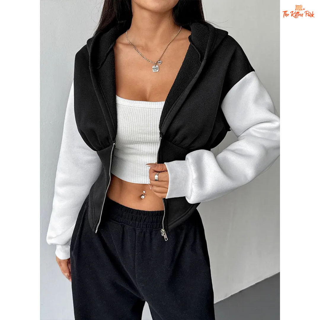 Casual Slim Streetwear Zipper Sports Coat for Women featuring a patchwork pattern, wool liner, hooded zip-up design, and cozy autumn streetwear style.