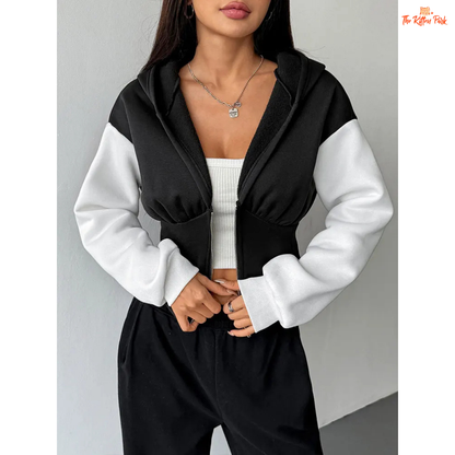 Casual Slim Streetwear Zipper Sports Coat for Women featuring a patchwork pattern, wool liner, hooded zip-up design, and cozy autumn streetwear style.