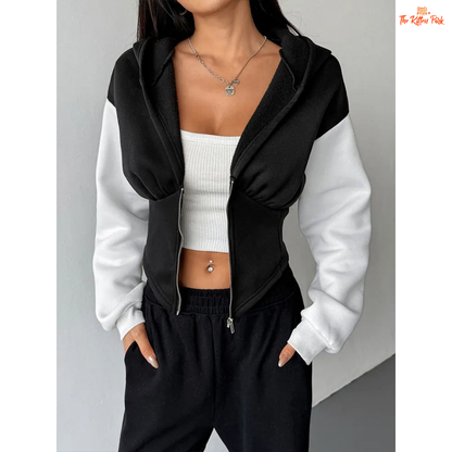 Casual Slim Streetwear Zipper Sports Coat for Women featuring a patchwork pattern, wool liner, hooded zip-up design, and cozy autumn streetwear style.