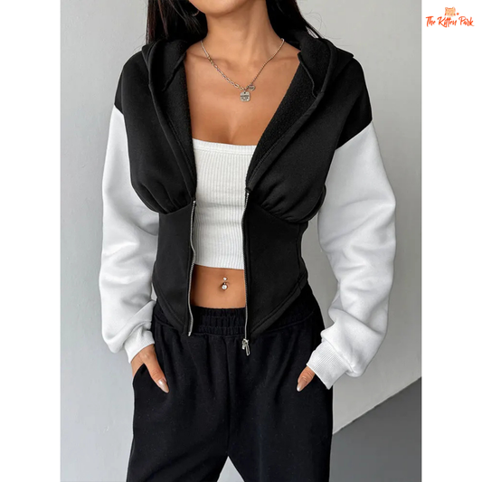 Casual Slim Streetwear Zipper Sports Coat for Women featuring a patchwork pattern, wool liner, hooded zip-up design, and cozy autumn streetwear style.
