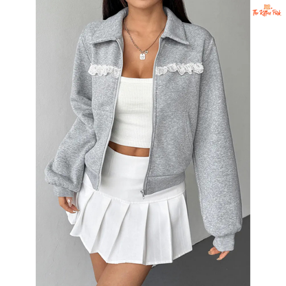 A light gray casual streetwear jacket for women with a turn-down collar, lace details, and a zip-up front — ideal for autumn sporty or relaxed outfits.