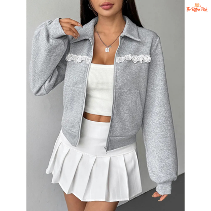 A light gray casual streetwear jacket for women with a turn-down collar, lace details, and a zip-up front — ideal for autumn sporty or relaxed outfits.