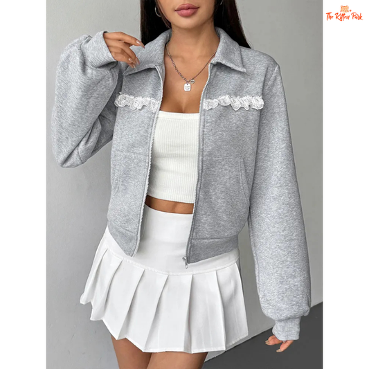 A light gray casual streetwear jacket for women with a turn-down collar, lace details, and a zip-up front — ideal for autumn sporty or relaxed outfits.