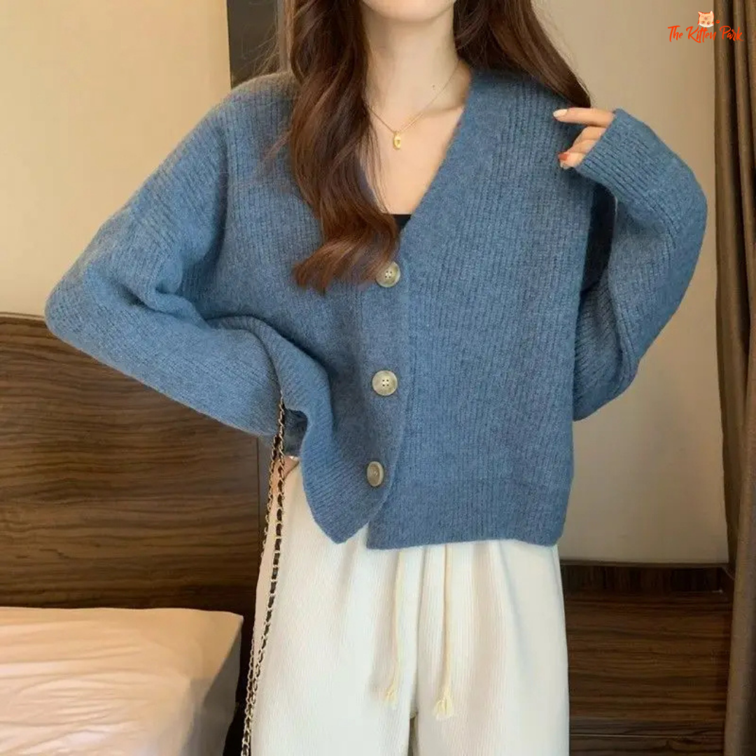 Casual V-Neck Cardigan Women 2026 – Loose Single-Breasted Ribbed Knit Sweater, solid pattern, polyester fabric, and button closure for autumn/winter.