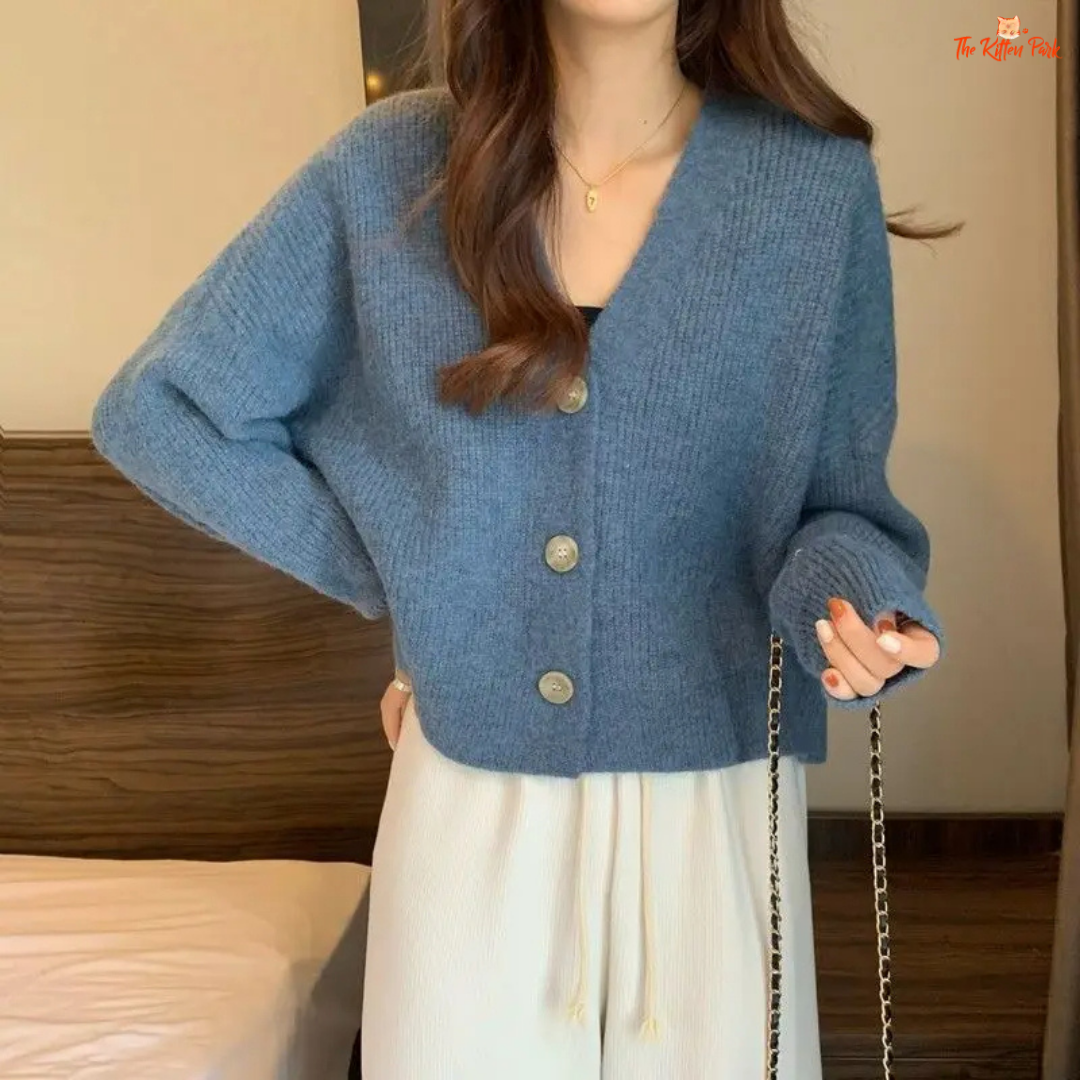 Casual V-Neck Cardigan Women 2026 – Loose Single-Breasted Ribbed Knit Sweater, solid pattern, polyester fabric, and button closure for autumn/winter.