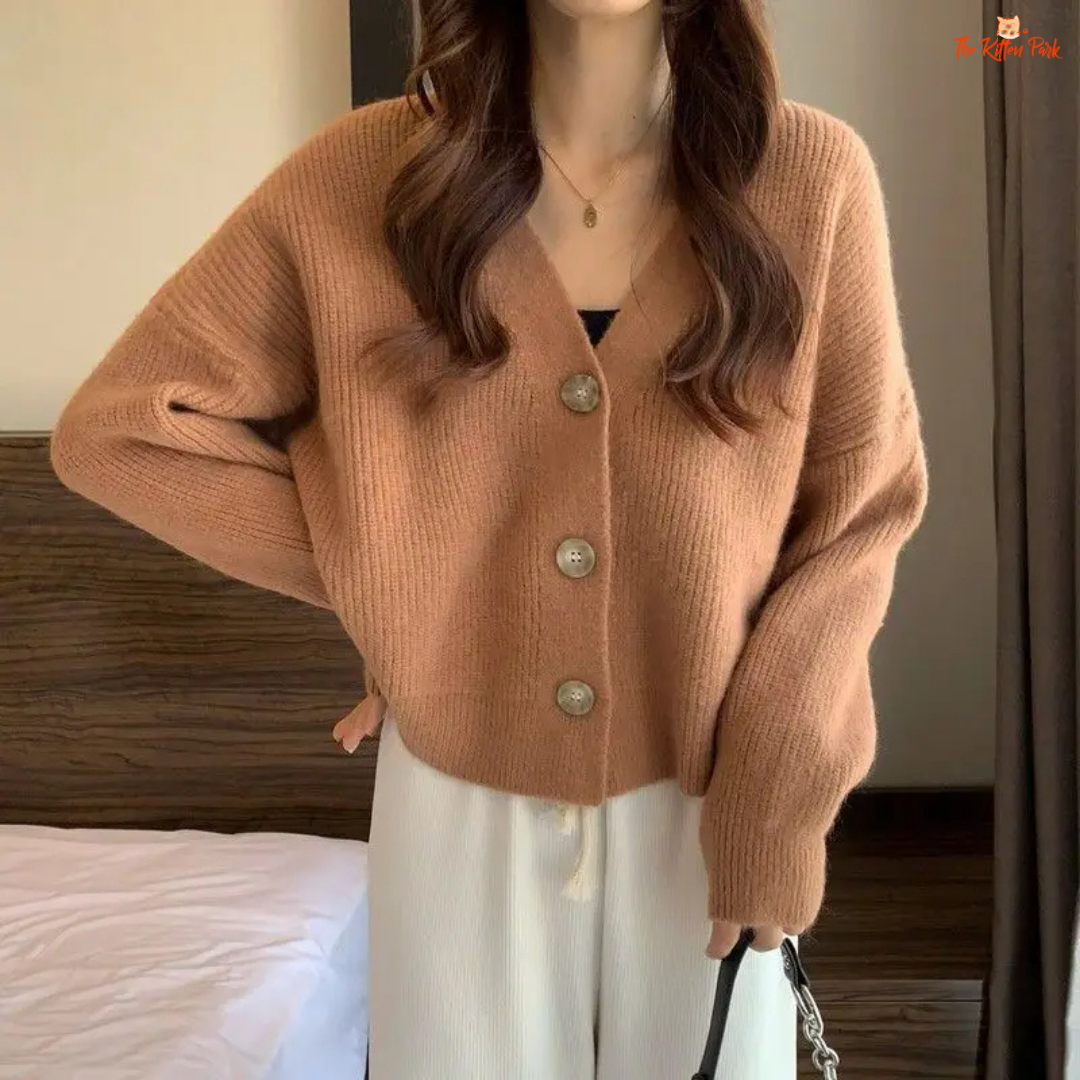 Casual V-Neck Cardigan Women 2026 – Loose Single-Breasted Ribbed Knit Sweater, solid pattern, polyester fabric, and button closure for autumn/winter.