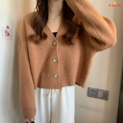 Casual V-Neck Cardigan Women 2026 – Loose Single-Breasted Ribbed Knit Sweater, solid pattern, polyester fabric, and button closure for autumn/winter.