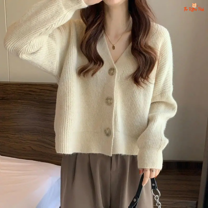 Casual V-Neck Cardigan Women 2026 – Loose Single-Breasted Ribbed Knit Sweater, solid pattern, polyester fabric, and button closure for autumn/winter.