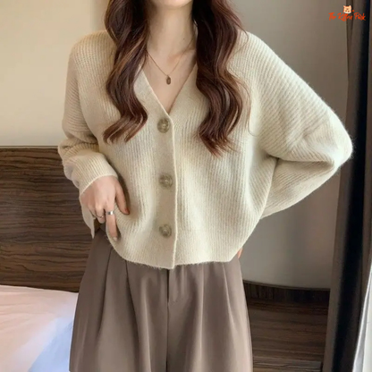 Casual V-Neck Cardigan Women 2026 – Loose Single-Breasted Ribbed Knit Sweater, solid pattern, polyester fabric, and button closure for autumn/winter.