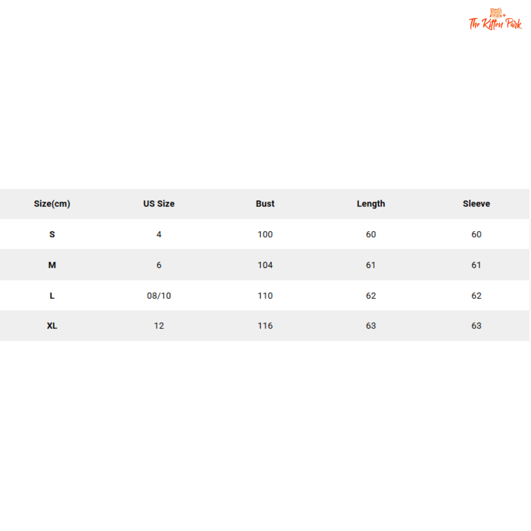 Size chart for clothing with measurements in centimeters and US sizes.