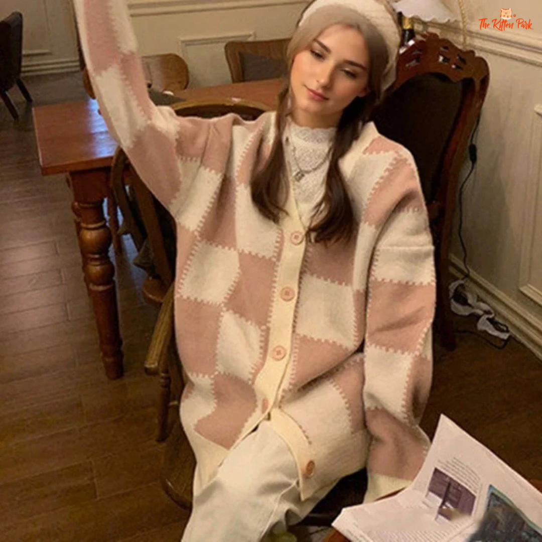 Checkerboard Knit Cardigan in polyester knit with plaid checkerboard pattern, V-neck, long sleeves, and single-breasted loose fit for autumn layering.