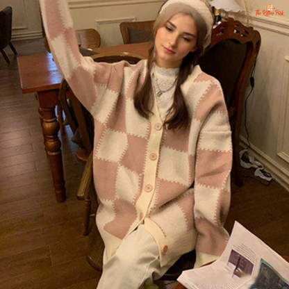 Checkerboard Knit Cardigan in polyester knit with plaid checkerboard pattern, V-neck, long sleeves, and single-breasted loose fit for autumn layering.