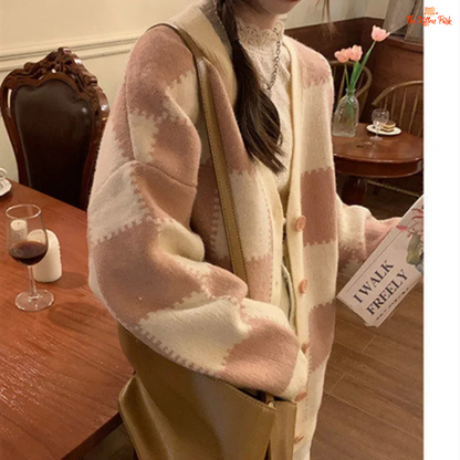 Checkerboard Knit Cardigan in polyester knit with plaid checkerboard pattern, V-neck, long sleeves, and single-breasted loose fit for autumn layering.