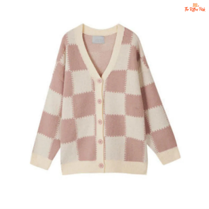 Checkerboard Knit Cardigan in polyester knit with plaid checkerboard pattern, V-neck, long sleeves, and single-breasted loose fit for autumn layering.