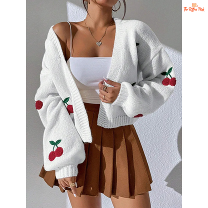 Cherry Embroidery Knit Cardigan — women’s loose commuter sweater with playful cherry embroidery, polyester knit, open stitch closure, and casual high-street autumn/winter style.