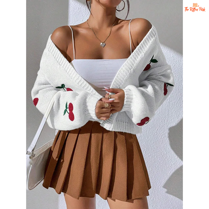 Cherry Embroidery Knit Cardigan Women Loose Commuter Sweater