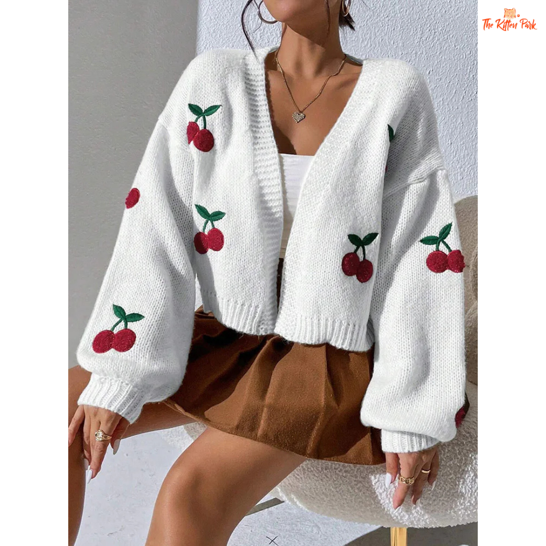 Cherry Embroidery Knit Cardigan — women’s loose commuter sweater with playful cherry embroidery, polyester knit, open stitch closure, and casual high-street autumn/winter style.