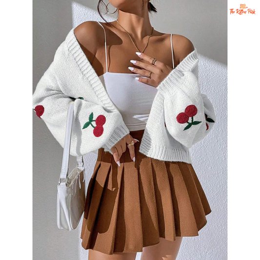 Cherry Embroidery Knit Cardigan — women’s loose commuter sweater with playful cherry embroidery, polyester knit, open stitch closure, and casual high-street autumn/winter style.