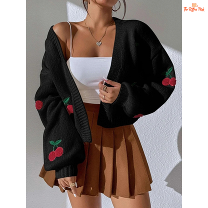 Cherry Embroidery Knit Cardigan — women’s loose commuter sweater with playful cherry embroidery, polyester knit, open stitch closure, and casual high-street autumn/winter style.